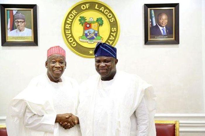 Lagos State Governor, Akinwunmi Ambode hosts Kano State counterpart, Abdullahi Umar Ganduje at the Lagos House in Ikeja on May 17, 2016.
