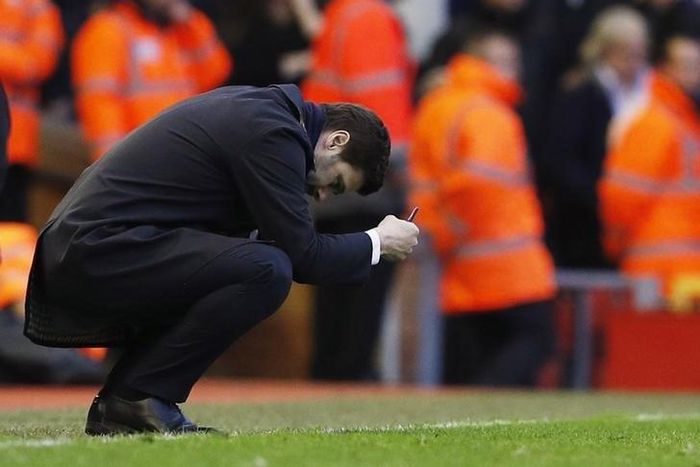 Football Soccer - Liverpool v Tottenham Hotspur - Barclays Premier League - Anfield - 2/4/16 Tottenham manager Mauricio Pochettino looks dejected at full time