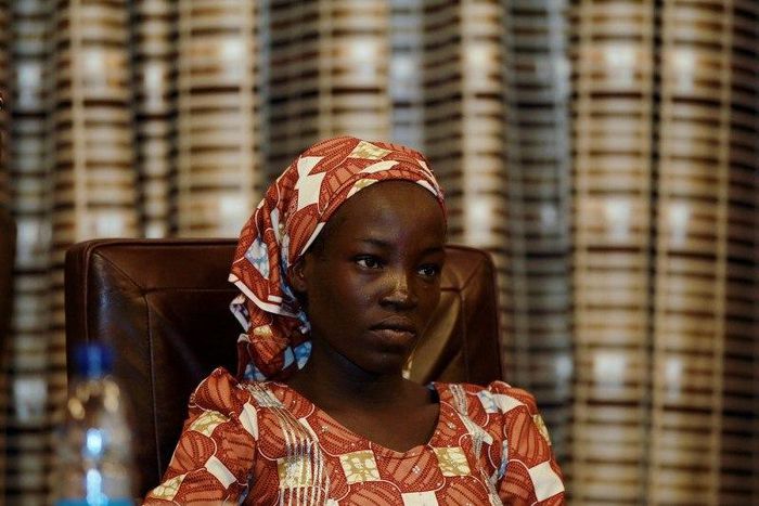 Amina Ali Darsha Nkeki, a Nigerian schoolgirl rescued after over two years of captivity with Boko Haram militants, looks on while visiting President Muhammadu Buhari in Abuja, Nigeria May 19, 2016.