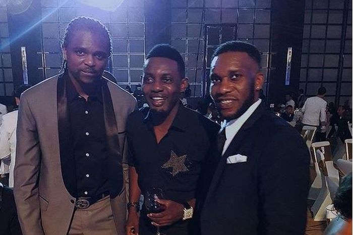 AY with Nigerian football legends Nwankwo Kanu and Austin 'Jay Jay' Okocha