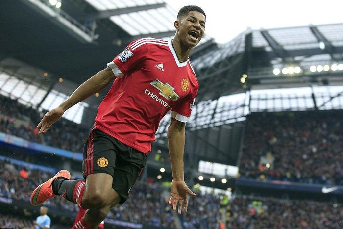 Marcus Rashford celebrates after scoring against Manchester City on Sunday, March 20