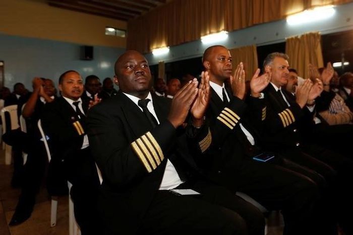 Kenya Airways captains attend a meeting as they participate in a pilots strike organised by Kenya Airline Pilots Association (KALPA) at the Jomo Kenyatta International airport near Kenya's capital Nairobi, April 28, 2016.