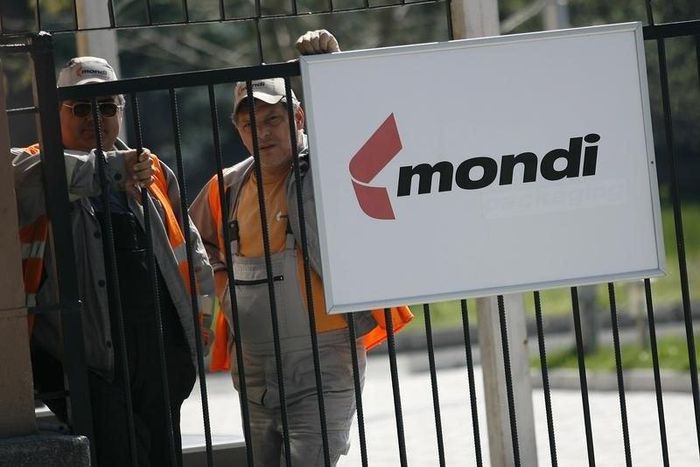 Workers from Mondi paper mill stand behind a fence in the town of Stamboliyski, south from Sofia  in a file photo.   REUTERS/Stoyan Nenov
