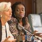 International Monetary Fund Managing Director Christine Lagarde (L) and Nigeria’s Finance Minister Kemi Adeosun (C) hold a media briefing following her meeting with President Muhammadu Buhari in Abuja, Nigeria January 5, 2016.