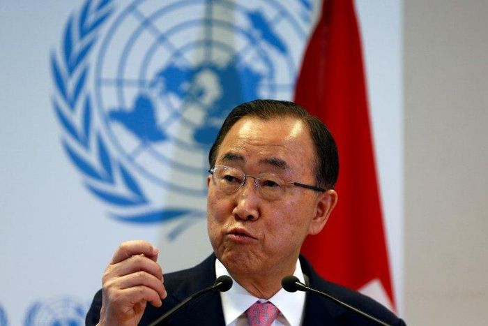 U.N. Secretary-General Ban Ki-moon gestures during a news conference at the Conference on the Prevention of Violent Extremism at the United Nations in Geneva, Switzerland, April 8, 2016.