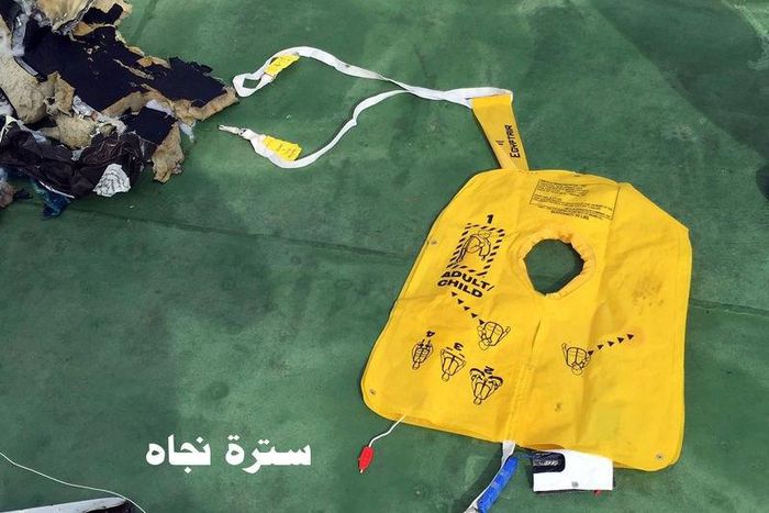 Recovered debris of the EgyptAir jet that crashed in the Mediterranean Sea is seen with the Arabic caption "life jacket" in this handout image released May 21, 2016 by Egypt's military.
