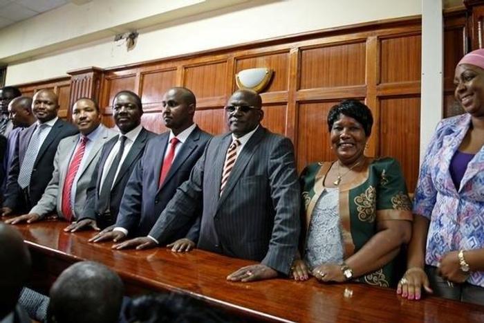 Kenyan politicians Aisha Jumwa, Florence Mutua, Johnstone Muthama, Junet Mohammed, Timothy Bosire, Ferdinand Waititu, Moses Kuria and Kimani Ngunjiri stand in the dock at the Milimani Law Courts over alleged "hate speech", flagging growing tension in K...