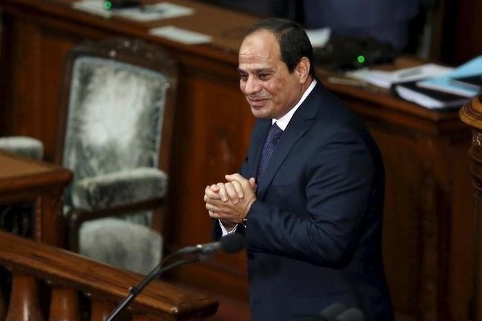 Egypt's President Abdel Fattah al-Sisi reacts after delivering a speech at the Lower House of parliament in Tokyo, Japan, February 29, 2016.