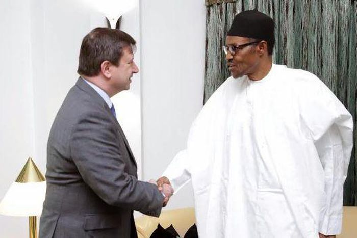 President Muhammadu Buhari meets with British High Commissioner to Nigeria, Paul Arkwright on April 29, 2016 in Abuja