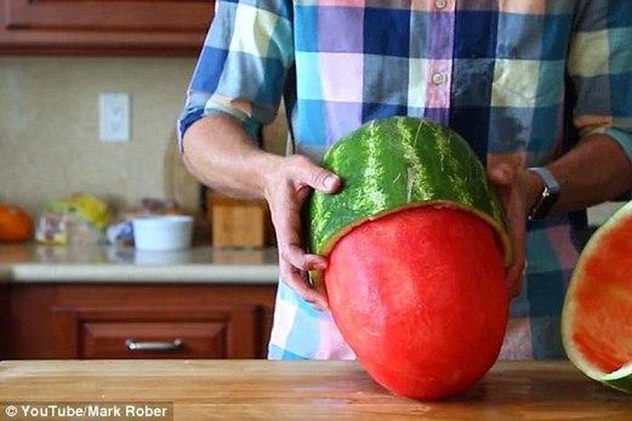 Mark Rober shows how to creatively skin watermelon
