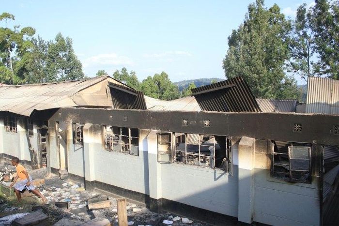 A burnt-out dormitory building at Itiero boys high school in Kenya's Kisii county, set on fire by students during a night of unrest 