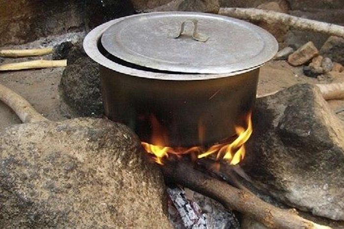 A pot of food on the fire