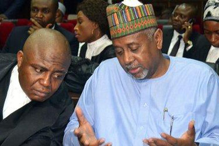 Sambo Dasuki (right) and one of his counsels.