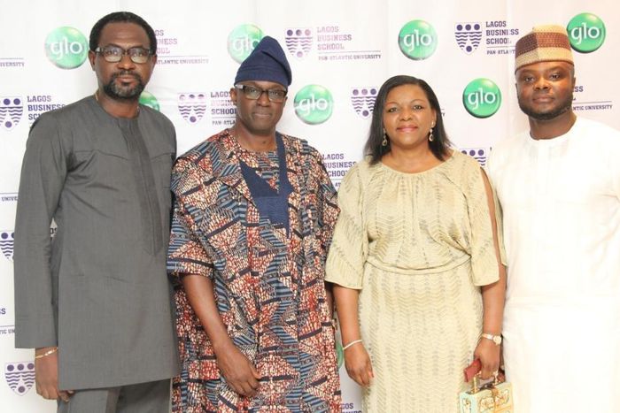 L-R: Coordinator, Enterprise Sales, Globacom, Mr. Folu Aderibigbe; out-going President, Lagos Business School Alumni Association, Mr. Wole Oshin; in-coming President, Mrs. Bola Adesola, and Globacom’s Head, Corporate Sales, Kamaldeen Shonibare, at the ...