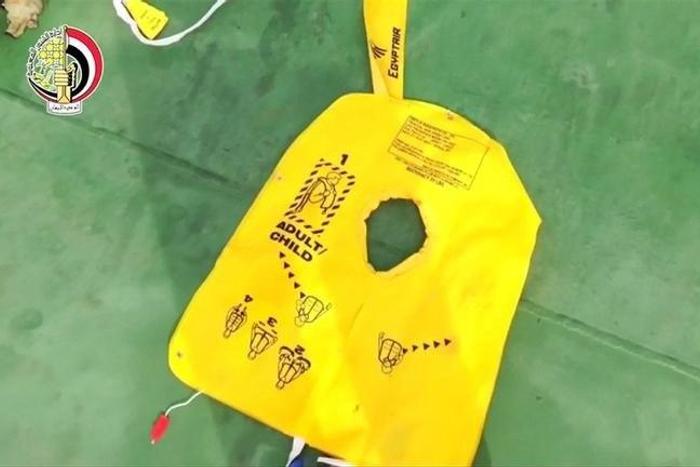 A life jacket, part of recovered debris of the EgyptAir jet that crashed in the Mediterranean Sea, is seen in this still image taken from video on May 21, 2016.
