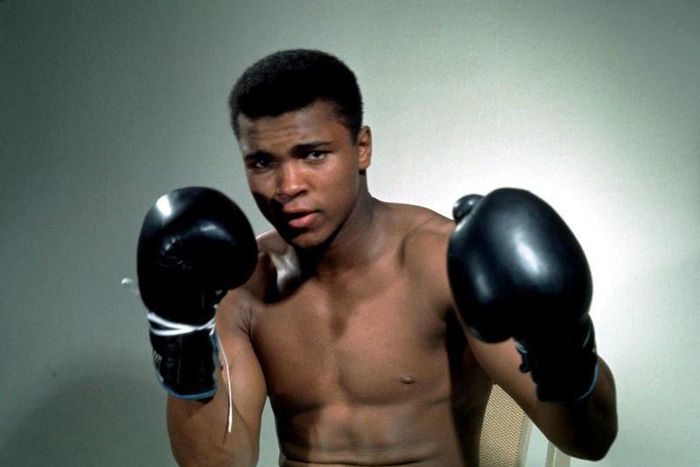Muhammad Ali poses with gloves in this undated portrait.