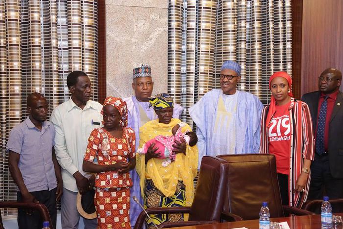 President Muhammadu Buhari meets rescued Chibok girl, Amina Ali Nkeki and her baby, Safiya at the Presidential Villa on Thursday, May 19, 2016.