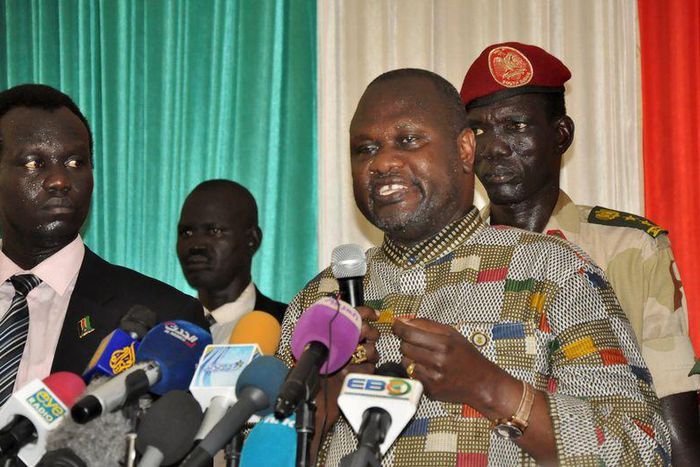 South Sudanese rebel leader Riek Machar addresses a news conference upon arriving at the Juba International Airport, South Sudan, April 26, 2016.