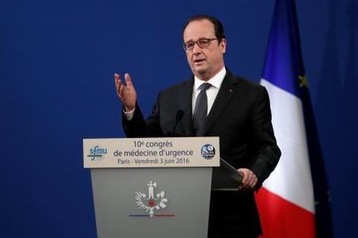 French President Francois Hollande delivers a speech during the 10th Emergency Healthcare congress at the Palais des Congres in Paris, France, June 3, 2016.