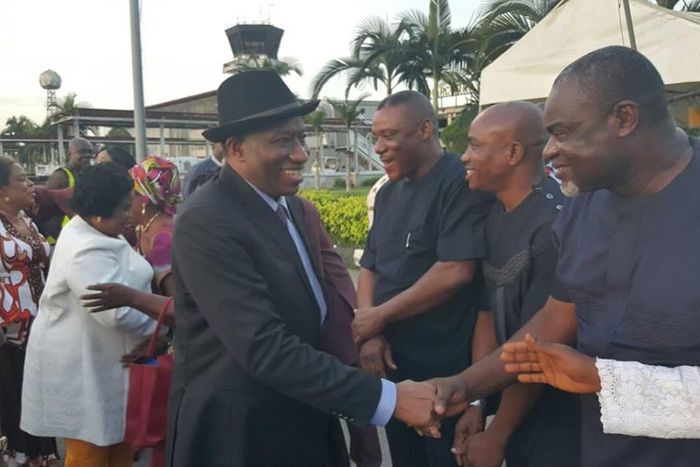 Hundreds of supporters storm airport to welcome former President, Goodluck Jonathan.