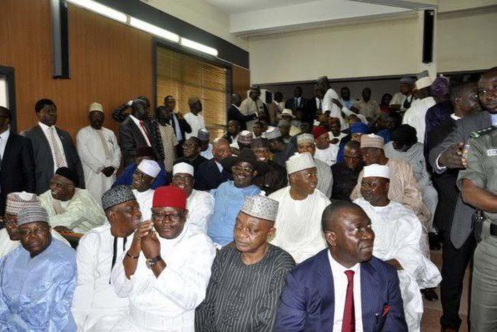 Senate President, Bukola Saraki with other Senators at Code of Conduct Tribunal on October 21, 2015