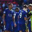 Goalscorer Vardy and Kasper Schmeichel