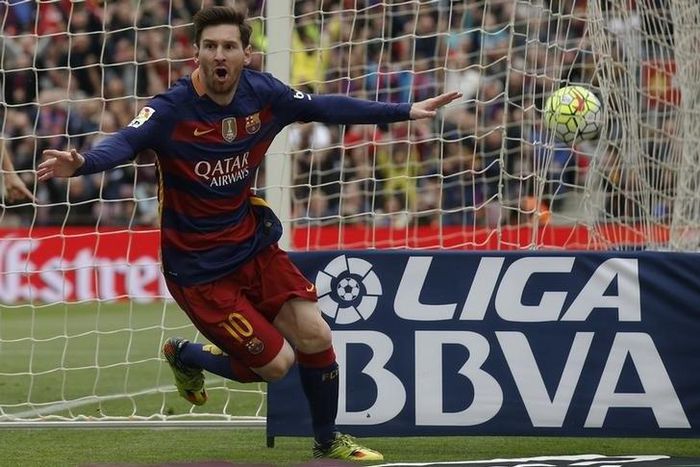 Barcelona's Lionel Messi celebrates a goal which later disallowed.