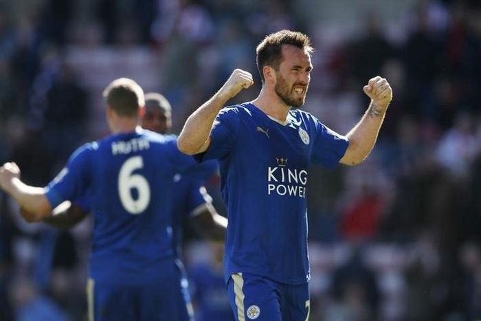 Leicester's Christian Fuchs celebrates at the end of the match. Football Soccer - Sunderland v Leicester City - Barclays Premier League - Stadium of Light - 10/4/16