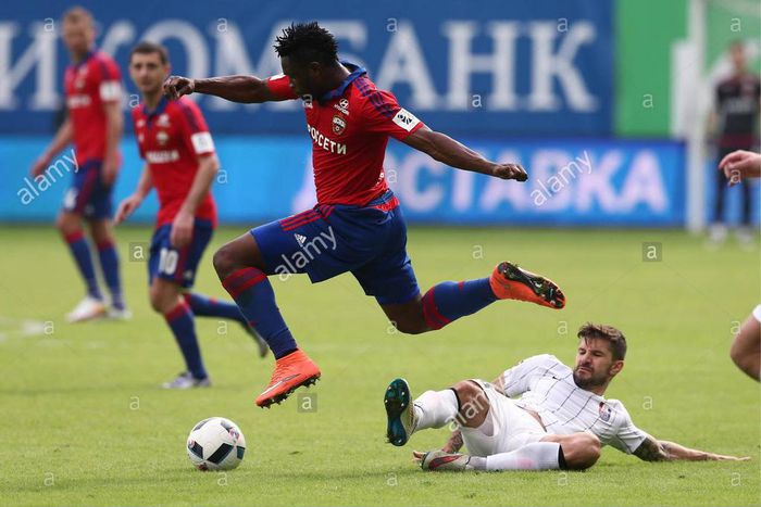 Moscow Region, Russia. 9th Apr, 2016. CSKA's Aaron Samuel Olanare (L) and Mordovia's Dalibor Stevanovic fight for the ball in their 2015/2016 Russian