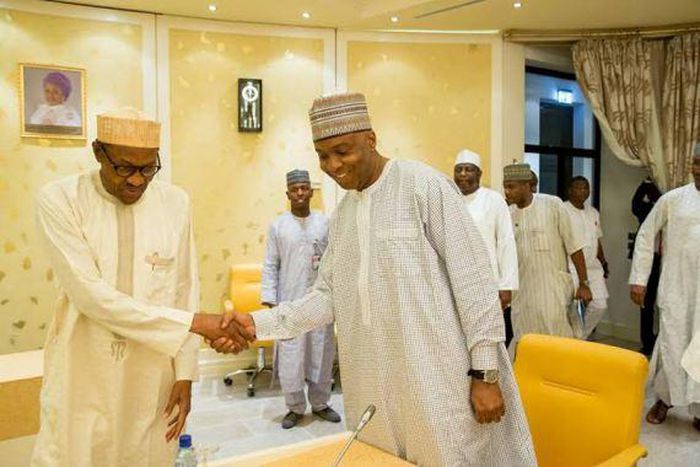 Senate President, Bukola Saraki with President Muhammadu Buhari during a meeting at the Presidential Villa on April 26, 2016.