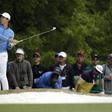 Rory McIlroy watches his second shot on the 1st hole during the final round of the 2016 The Masters golf tournament at Augusta National Golf Club. Apr 10, 2016; Augusta, GA, USA;