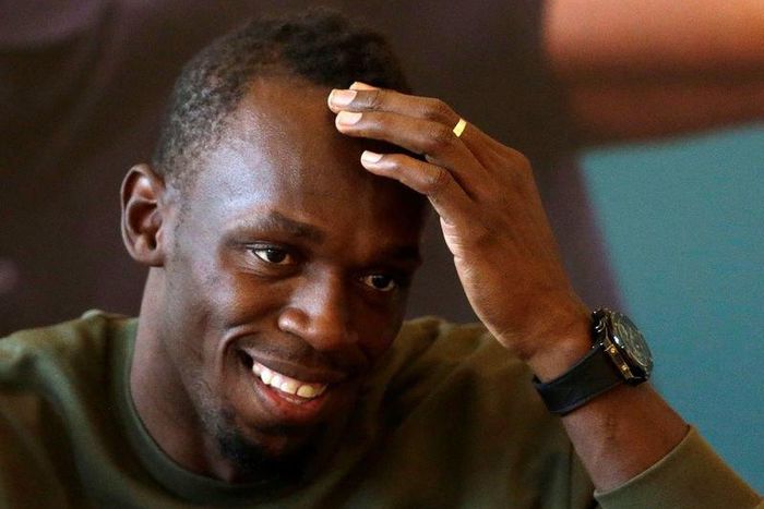 Jamaican sprinter Usain Bolt reacts during a news conference before the Ostrava Golden Spike athletics meeting, in Prague, Czech Republic, May 18, 2016.