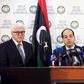 A member of the Presidential Council of Government of National Accord, Ahmed Maiteeq (C) stands next to German Foreign Minister Frank-Walter Steinmeier (L) and French Foreign Minister Jean-Marc Ayrault (R) dueing a joint news conference in Tripoli, Lib...