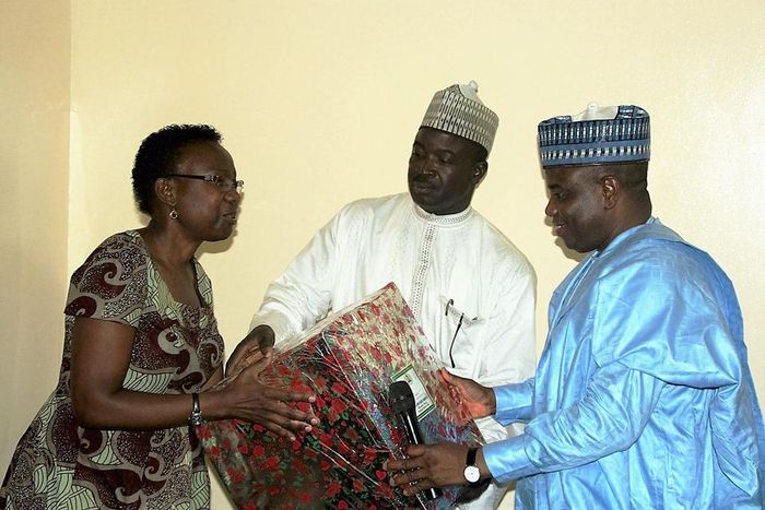 R-L: Sokoto Governor Aminu Waziri Tambuwal, presenting a gift to the Director General, Health Services in Uganda's Ministry of Health, Dr. Aceng Jane Ruth in Sokoto on Tuesday 05-04-16     