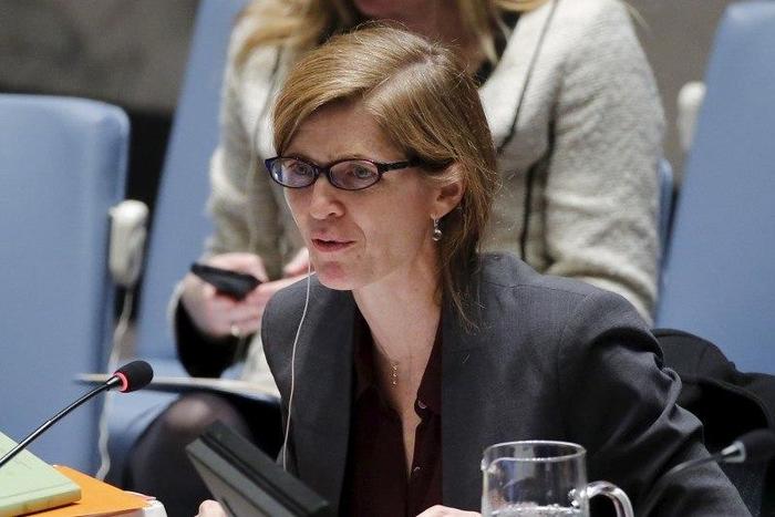 U.S. Ambassador to the United Nations and current Security Council President Samantha Power speaks to members of the Security Council about the maintenance of international peace and security on trafficking in persons in situations of conflict, during ...