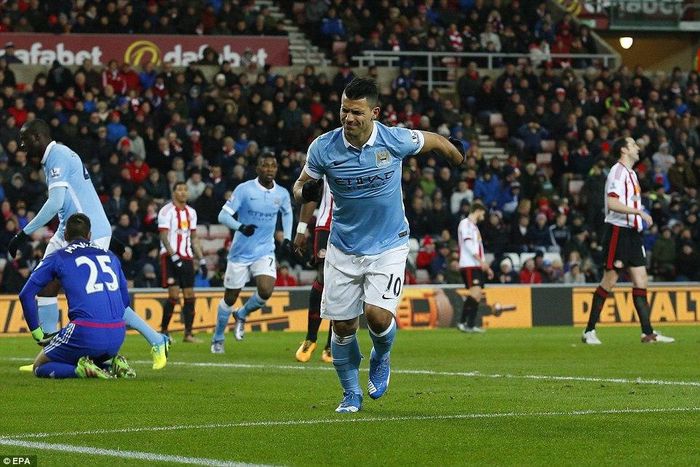 Sergio Aguero after scoring against Sunderland in February, 2016