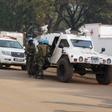 U.N. peacekeepers take a break as they patrol along a street during the presidential election in Bangui, the capital of Central African Republic, in a file photo. REUTERS/Media Coulibaly