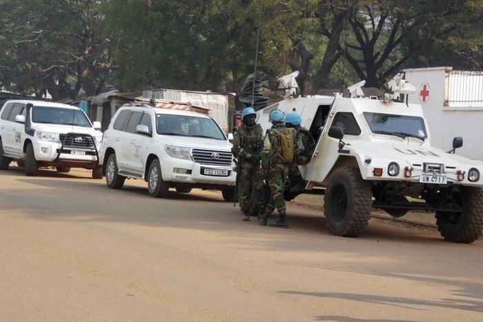 U.N. peacekeepers take a break as they patrol along a street during the presidential election in Bangui, the capital of Central African Republic, in a file photo. REUTERS/Media Coulibaly