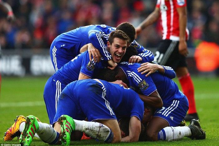 Chelsea players celebrate after getting the winner against Southampton on Saturday, February 27, 2016