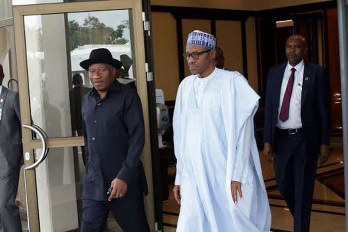 Former President Goodluck Jonathan visits President Muhammadu Buhari in Abuja on November 2, 2015.
