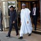 Former President Goodluck Jonathan visits President Muhammadu Buhari in Abuja on November 2, 2015.