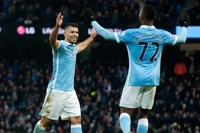 Sergio Aguero and Kelechi Iheanancho celebrates a goal for Manchester City against Crystal Palace on Saturday, January 16