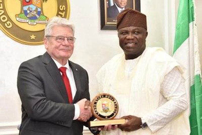 Lagos State Governor, Akinwunmi Ambode receives visit from the President of Germany, Joachim Gauck on Monday, February 8, 2016,