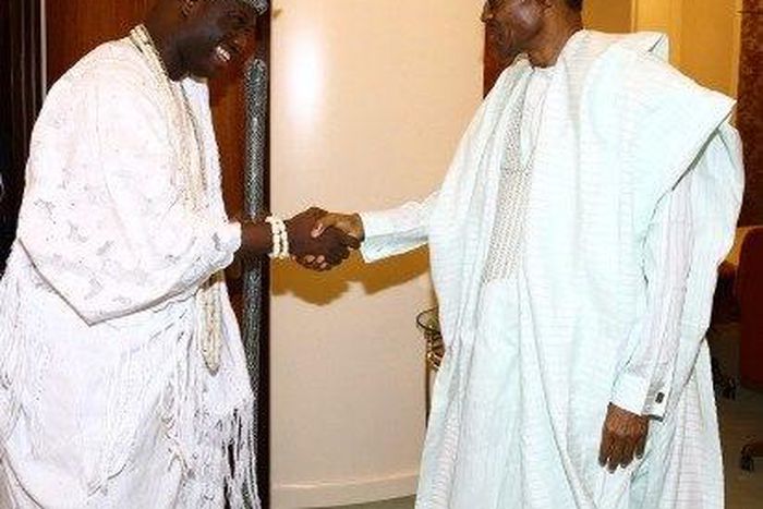 The Ooni of Ife, Oba Adeyeye Enitan Ogunwusi meets with President Muhammadu Buhari on February 16, 2016