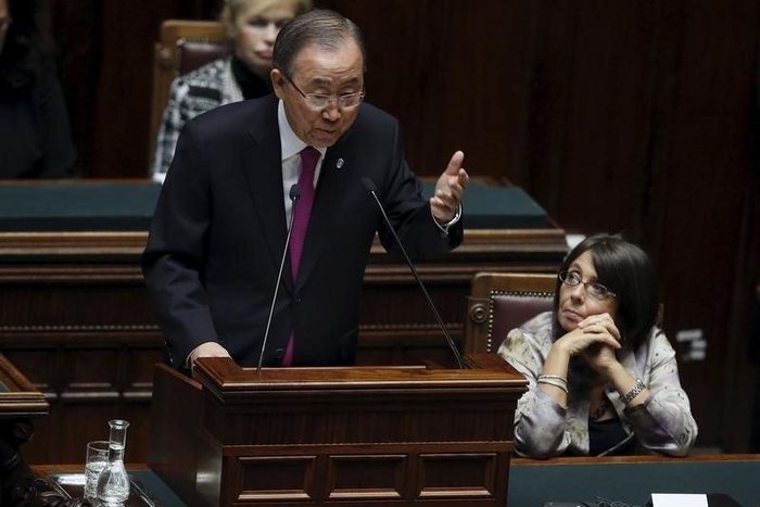 U.N. Secretary General Ban Ki-moon speaks at the Chambers of Deputies in Rome, Italy, October 15, 2015. REUTERS/Remo Casilli