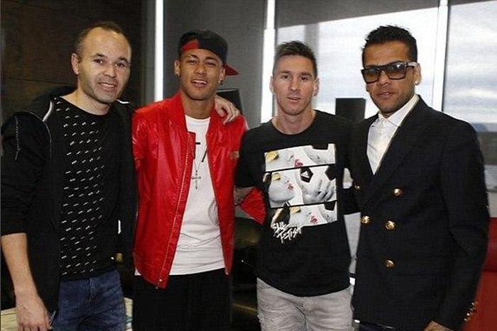 Andrés Iniesta, Neymar, Lionel Messi and Daniel Alves getting ready for the Ballon d'Or