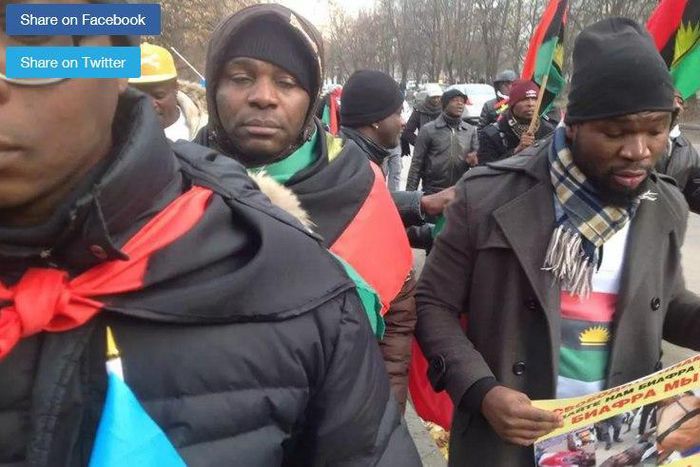 Biafra agitators in Ukraine match to the Nigerian Embassy in the country demanding the release of detained Nnamdi Kanu of Radio Biafra.