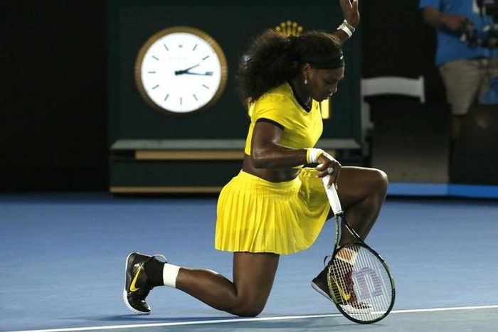 Serena Williams of the U.S. reacts during her semi-final match against Poland's Agnieszka Radwanska at the Australian Open tennis tournament at Melbourne Park, Australia, January 28, 2016.