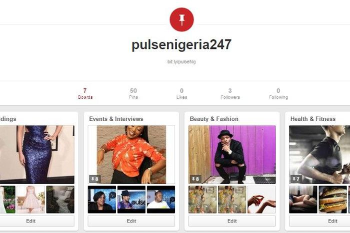 Screenshot of the newly-opened Pulse Pinterest page
