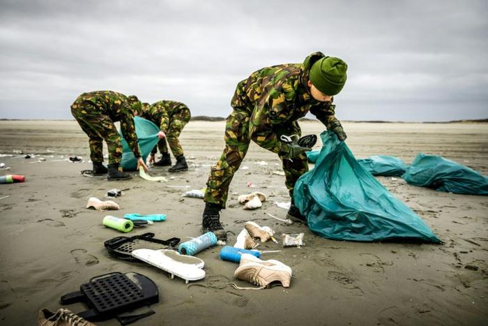 Netherlands' army soldiers helped clean-up the coastline of Schiermonnikoog in the Dutch Frisian Island